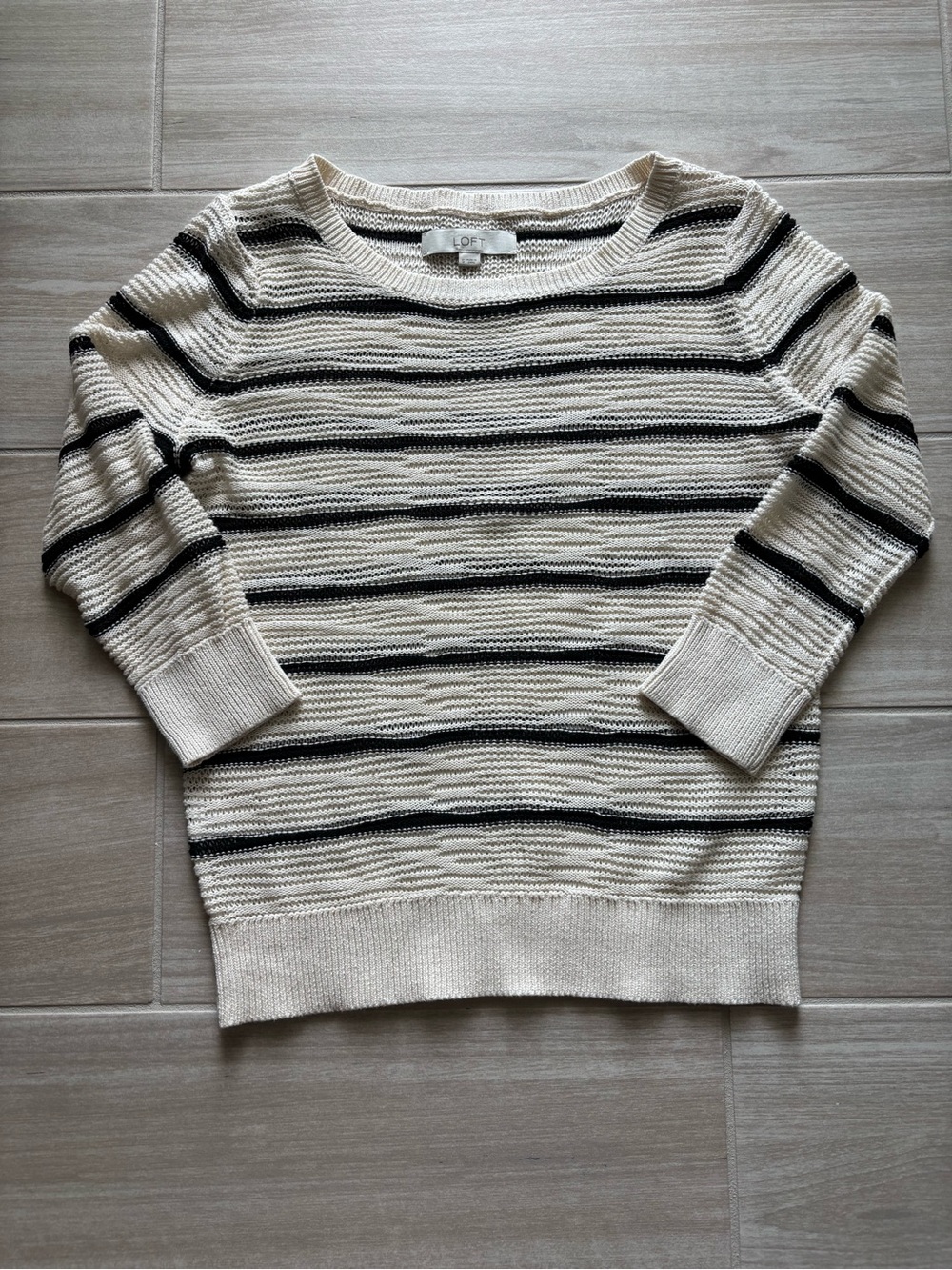LOFT Small Cream & Black Striped Lightweight Knit Sweater